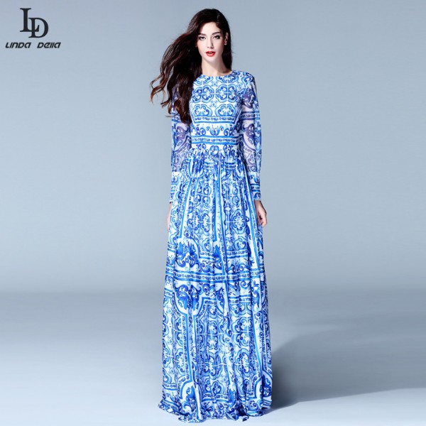 HIGH QUALITY New 2015 Fashion Women's Long Sleeve Vintage Blue And White Print Dress Brand Maxi Dress