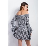 H.SA Spring New Arrivals Women Mini Dresses Black and White Plaid Sexy Midi Vestidos Summer bandage dress Slash Neck Loose Robe