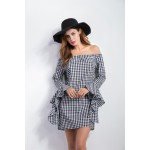 H.SA Spring New Arrivals Women Mini Dresses Black and White Plaid Sexy Midi Vestidos Summer bandage dress Slash Neck Loose Robe