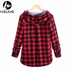 HZIJUE Fashion Women Hoodies Cotton Autumn Winter Coat Long Sleeve Plaid cotton Hoodies Casual button hooded Sweatshirt Oversize