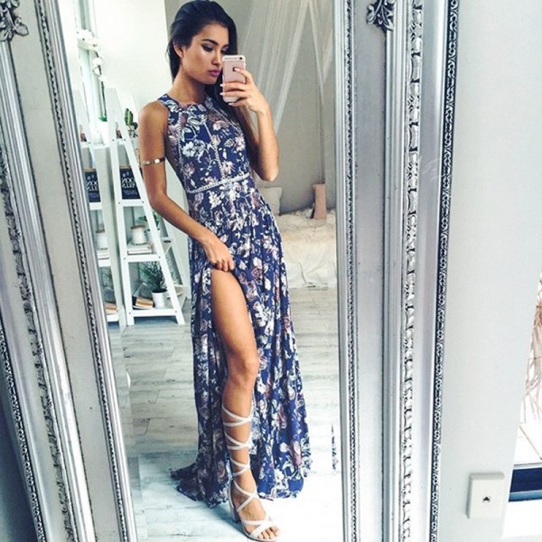 Halter Backless Sexy Dress Women Floral Print Summer Off Shoulder Beach Long Dresses Robe Bandage Split Maxi Boho Dress