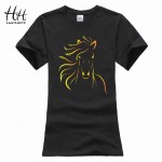 HanHent Brand Design Print Horse Women T shirts 2016 New Fashion Summer Short Sleeve Tshirt Girls Sexy Black T-Shirt Harajuku