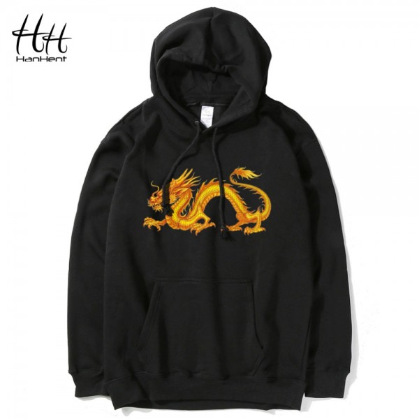 HanHent Chinese Dragon Black Novelty Men's Hoodies Cotton Casual Long Sleeve Autumn Thin Sweatshirts 2016 Fashion Clothing