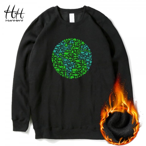 HanHent Fashion Animals Earth Printed Sweatshirts Winter Fleece Men Thick Pullover Clothing Casual Black Hoodies Boys AD0689