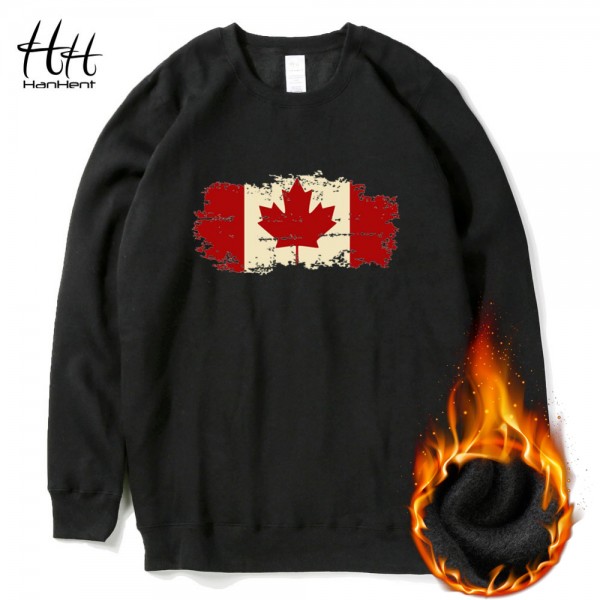 HanHent Fashion Canadian Leaf Sweatshirts Men Fleece O-neck Winter Canada Flag Logo Clothing Gift Printed Hoodies Black AD0570