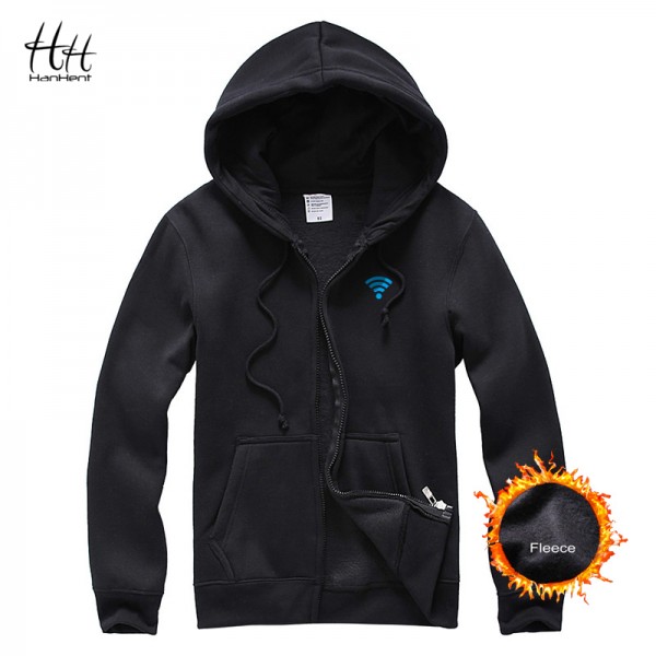 HanHent Winter Warm Jacket Casual Zipper Fleece Slim Fit Hoodies Men Thicken Sweatshirts Funny Wifi Print Hooded Streetwear