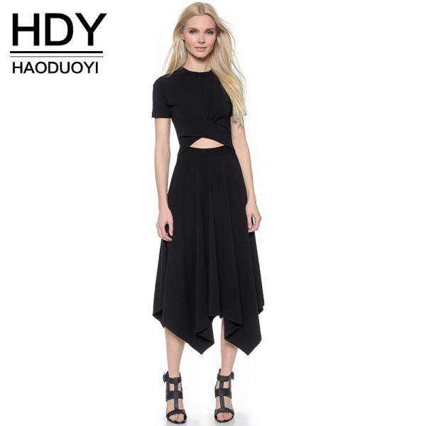 Haoduoyi  Womens Summer O-Neck Short Sleeve Hollow Out Irregular Dress Sexy Party Solid High Waist Thin Dresses for wholesale