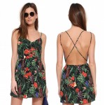 Haoduoyi 2017 New Tropical Plants Print Dresses Women Backless Cross Spaghetti Strap Sexy V-Neck Casual Beach Boho Summer Dress