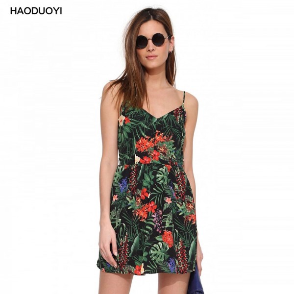 Haoduoyi 2017 New Tropical Plants Print Dresses Women Backless Cross Spaghetti Strap Sexy V-Neck Casual Beach Boho Summer Dress