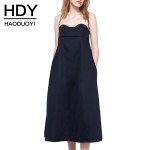 Haoduoyi 2017 Summer Fashion Women Solid Deep Blue Casual Off Shoulder Shift Dress Sexy Backless Sashes Spaghetti Strap Dress