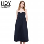 Haoduoyi 2017 Summer Fashion Women Solid Deep Blue Casual Off Shoulder Shift Dress Sexy Backless Sashes Spaghetti Strap Dress