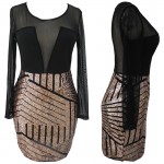 Happy Sailed 2017 Women Autumn Clothing Gold Sequin Black Mesh Patchwork Party Club Wear Lady Mini Bodycon Slim Dresses 22804