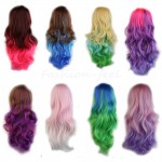 Harajuku Anime Party Cosplay Wig Ombre Blue Pink Purple Long Curly Wavy Synthetic Heat Resistant Full Hair Wigs Halloween