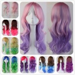 Harajuku Anime Party Cosplay Wig Ombre Blue Pink Purple Long Curly Wavy Synthetic Heat Resistant Full Hair Wigs Halloween