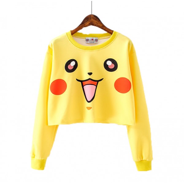 Harajuku Short T Shirt Women Casual Kawaii Cartoon Pikachu Crop Top 2016 Autumn Korea Girl Long Sleeve Slim Tops Femininas