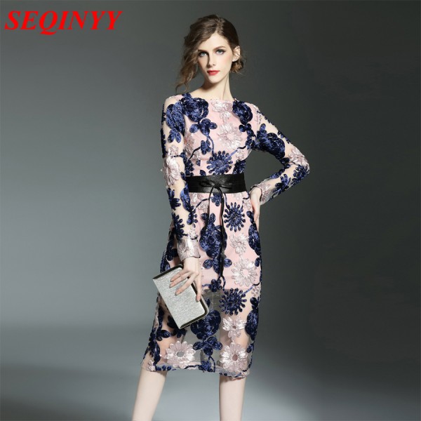 High End Elegant Dress Female Spring Summer 2017 Long Sleeve Disk Foral Zipper Noble Princess Belt Fashion Knee Length Dress