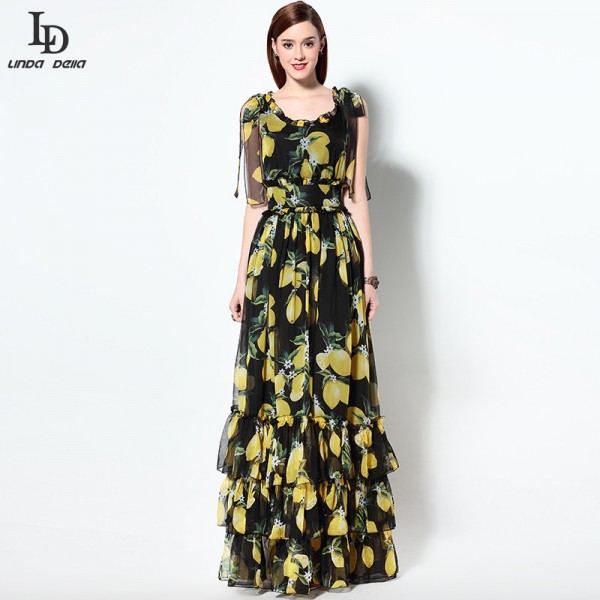 High Quality 2016 Summer Runway Designer Elegant Vintage Long Dress Women's Sleeveless Tiered Printed Maxi Party Dresses