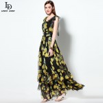 High Quality 2016 Summer Runway Designer Elegant Vintage Long Dress Women's Sleeveless Tiered Printed Maxi Party Dresses