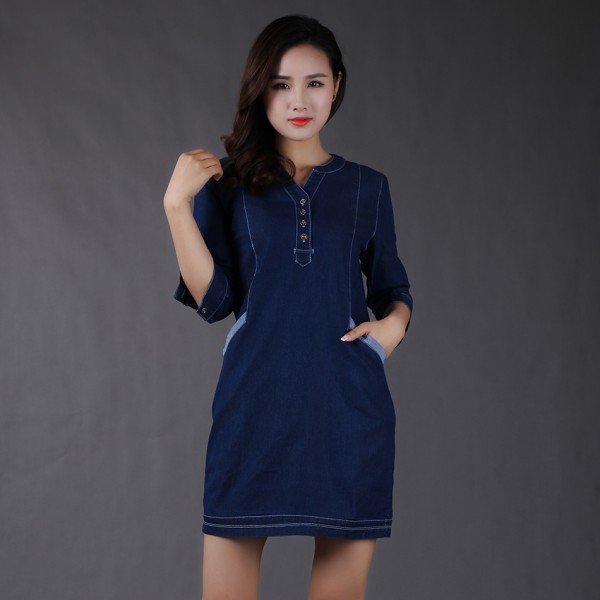 High Quality 2016 Summer Women's Denim Dress Half Sleeve V-Neck Casual Loose Women Mini Dresses Sundress Jeans Vestidos DZ2A