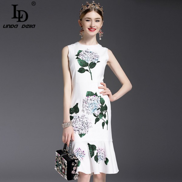 High Quality 2017 Designer Runway Summer Dress Women's elegant Mermaid Sleeveless Whiter Floral Printed Appliques Casual Dress