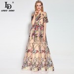 High Quality 2017 Fashion Designer Runway Maxi Dress Women's Short Sleeve Gorgeous Voile Floral Embroidery Ball Gown Long Dress