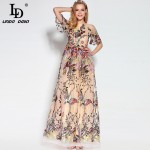 High Quality 2017 Fashion Designer Runway Maxi Dress Women's Short Sleeve Gorgeous Voile Floral Embroidery Ball Gown Long Dress