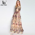 High Quality 2017 Fashion Designer Runway Maxi Dress Women's Short Sleeve Gorgeous Voile Floral Embroidery Ball Gown Long Dress