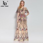 High Quality 2017 Fashion Designer Runway Maxi Dress Women's Short Sleeve Gorgeous Voile Floral Embroidery Ball Gown Long Dress