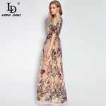 High Quality 2017 Fashion Designer Runway Maxi Dress Women's Short Sleeve Gorgeous Voile Floral Embroidery Ball Gown Long Dress