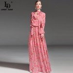 High Quality 2017 Fashion Runway Maxi Dress Women's Long Sleeve Bowknot collar Elegant Floral Printed Floor Length Long Dress