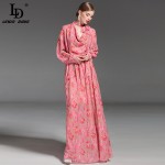 High Quality 2017 Fashion Runway Maxi Dress Women's Long Sleeve Bowknot collar Elegant Floral Printed Floor Length Long Dress