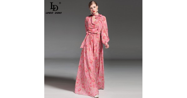 High Quality 2017 Fashion Runway Maxi Dress Womens Long Sleeve Bowknot