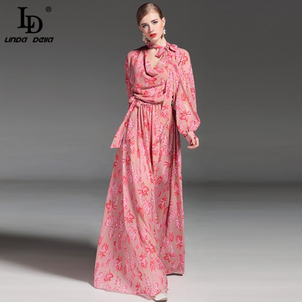 High Quality 2017 Fashion Runway Maxi Dress Women's Long Sleeve Bowknot collar Elegant Floral Printed Floor Length Long Dress