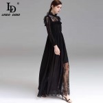 High Quality 2017 Party Dresses Women's Elegant Long Sleeve Vintage Lace Patchwork Floor Length Long Maxi Dress 