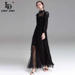 High Quality 2017 Party Dresses Women's Elegant Long Sleeve Vintage Lace Patchwork Floor Length Long Maxi Dress 