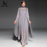 High Quality 2017 Party Dresses Women's Elegant Long Sleeve Vintage Lace Patchwork Floor Length Long Maxi Dress 