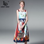 High Quality 2017 Runway Designer Summer Dress Women's Elegant Spaghetti Strap Casual Floral Printed Pleated Dress 