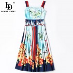 High Quality 2017 Runway Designer Summer Dress Women's Elegant Spaghetti Strap Casual Floral Printed Pleated Dress 