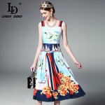 High Quality 2017 Runway Designer Summer Dress Women's Elegant Spaghetti Strap Casual Floral Printed Pleated Dress 