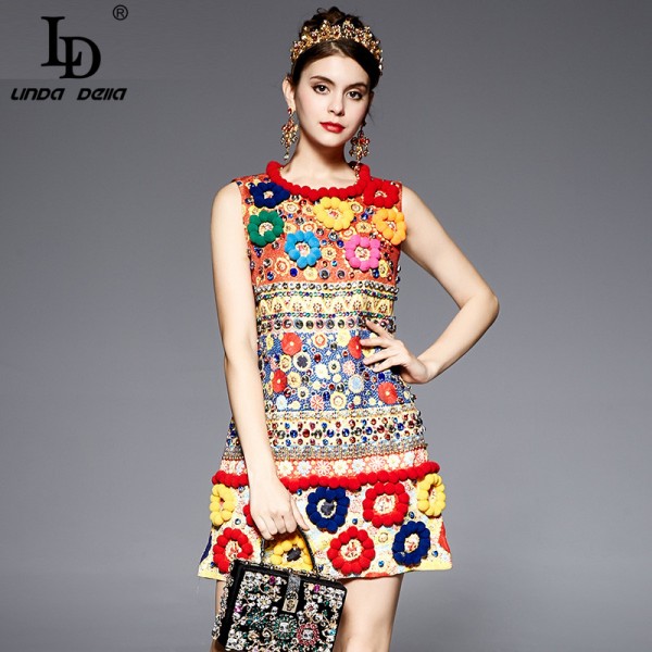 High Quality 2017 Runway Fashion Designer Dress Women's Sleeveless Fuzzy Ball Diamonds Beading Baroque Printed Embossed Dress