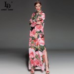 High Quality 2017 Runway Summer Maxi Dress Women's elegant Beading Long Sleeve Beach Boho Charming Rose Floral Print Long Dress