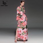 High Quality 2017 Runway Summer Maxi Dress Women's elegant Beading Long Sleeve Beach Boho Charming Rose Floral Print Long Dress