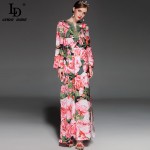 High Quality 2017 Runway Summer Maxi Dress Women's elegant Beading Long Sleeve Beach Boho Charming Rose Floral Print Long Dress