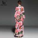 High Quality 2017 Runway Summer Maxi Dress Women's elegant Beading Long Sleeve Beach Boho Charming Rose Floral Print Long Dress