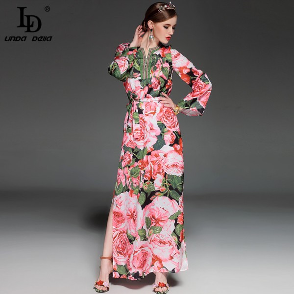 High Quality 2017 Runway Summer Maxi Dress Women's elegant Beading Long Sleeve Beach Boho Charming Rose Floral Print Long Dress