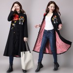 High Quality 2017free Shipping New Autumn Winter Fashion Chinese Style Casual Embroidery Women Black Coat Long Trench Black Slim