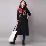 High Quality 2017free Shipping New Autumn Winter Fashion Chinese Style Casual Embroidery Women Black Coat Long Trench Black Slim