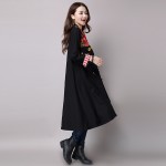 High Quality 2017free Shipping New Autumn Winter Fashion Chinese Style Casual Embroidery Women Black Coat Long Trench Black Slim