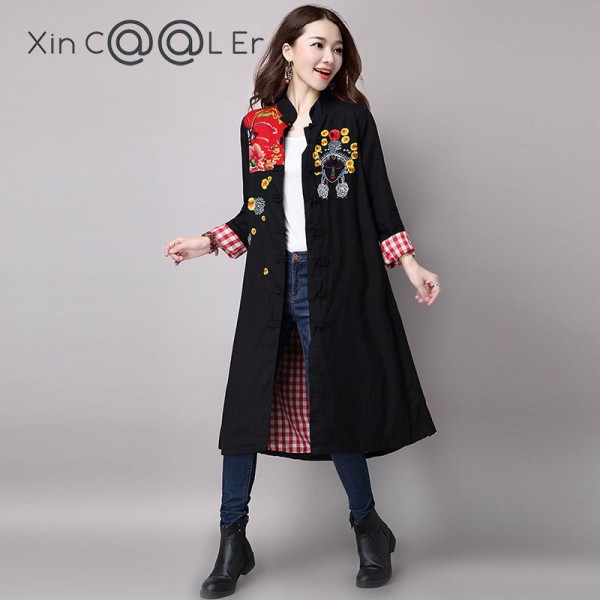 High Quality 2017free Shipping New Autumn Winter Fashion Chinese Style Casual Embroidery Women Black Coat Long Trench Black Slim