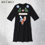 High Quality Autumn Thick T Shirt Dress Women Flower Animal Embroidery Cotton Casual Dresses Loose Half Sleeve T shirt Dress 096